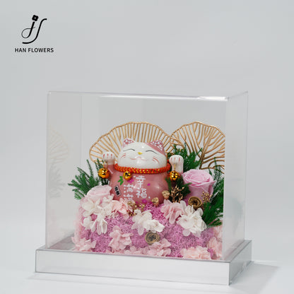 永生花 粉色招財貓