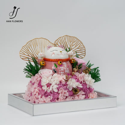 永生花 粉色招財貓