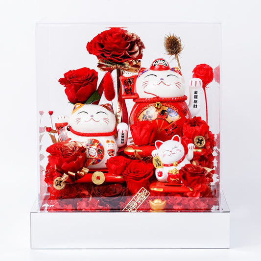 招財福貓 (Lucky Wealth Cat) | 經典大紅永生花藝亞克力禮盒