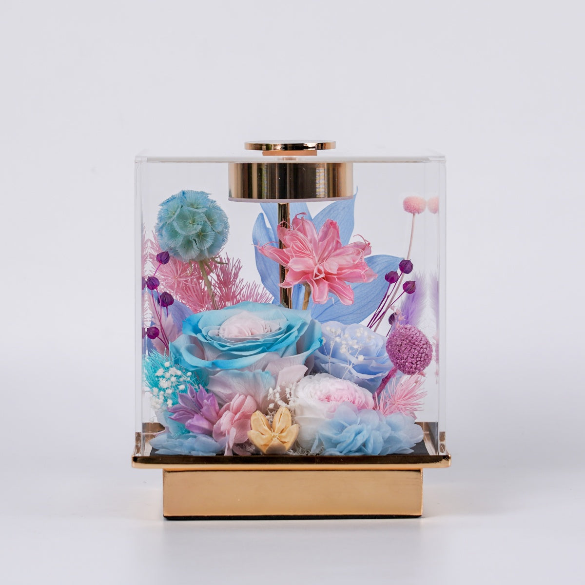 海洋之歌・流光海韻 (Glistening Tide)｜粉藍花藝金色底座觸碰式花藝燈