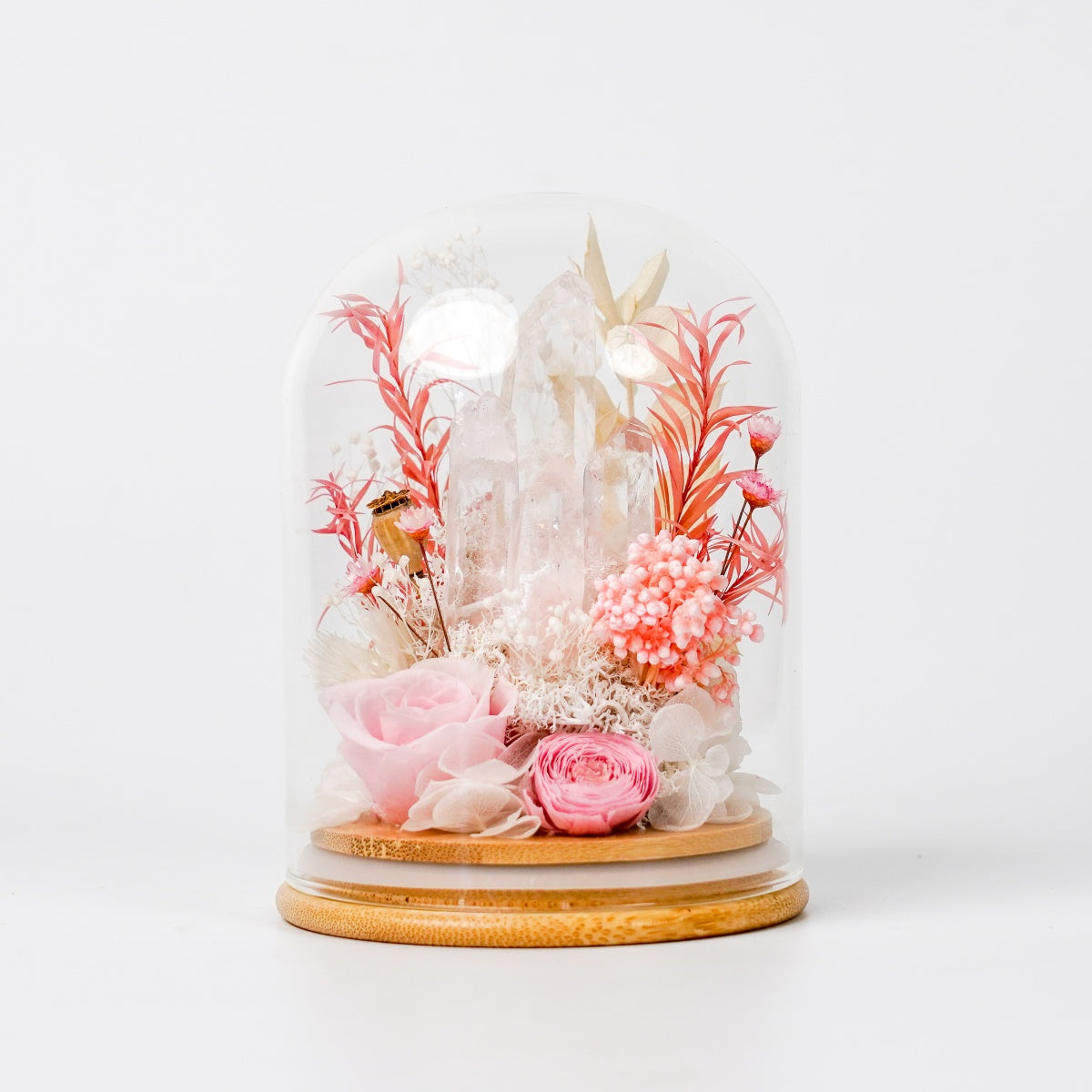 水晶花藝玻璃罩系列 (Crystal Floral Dome Series) | 天然水晶能量與恆久花藝的溫柔守護