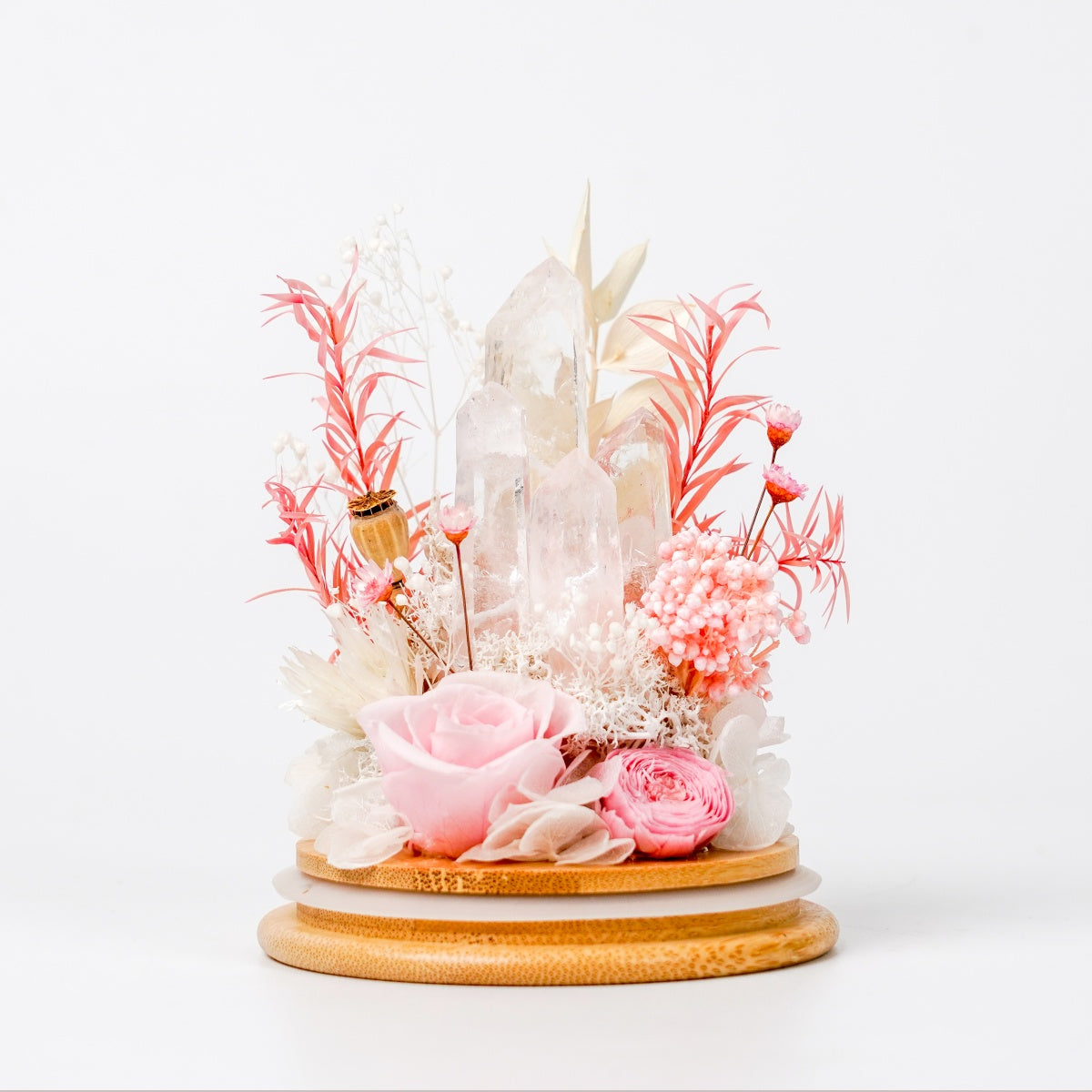 水晶花藝玻璃罩系列 (Crystal Floral Dome Series) | 天然水晶能量與恆久花藝的溫柔守護