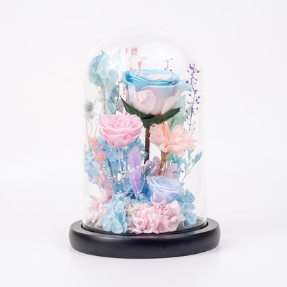 海洋之歌・碧海浮夢 (Azure Reverie)｜粉藍漸層玫瑰高身玻璃罩花禮