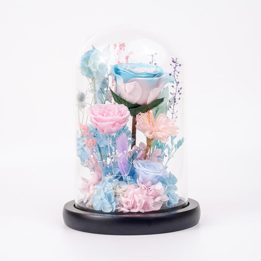 海洋之歌・碧海浮夢 (Azure Reverie)｜粉藍漸層玫瑰高身玻璃罩花禮